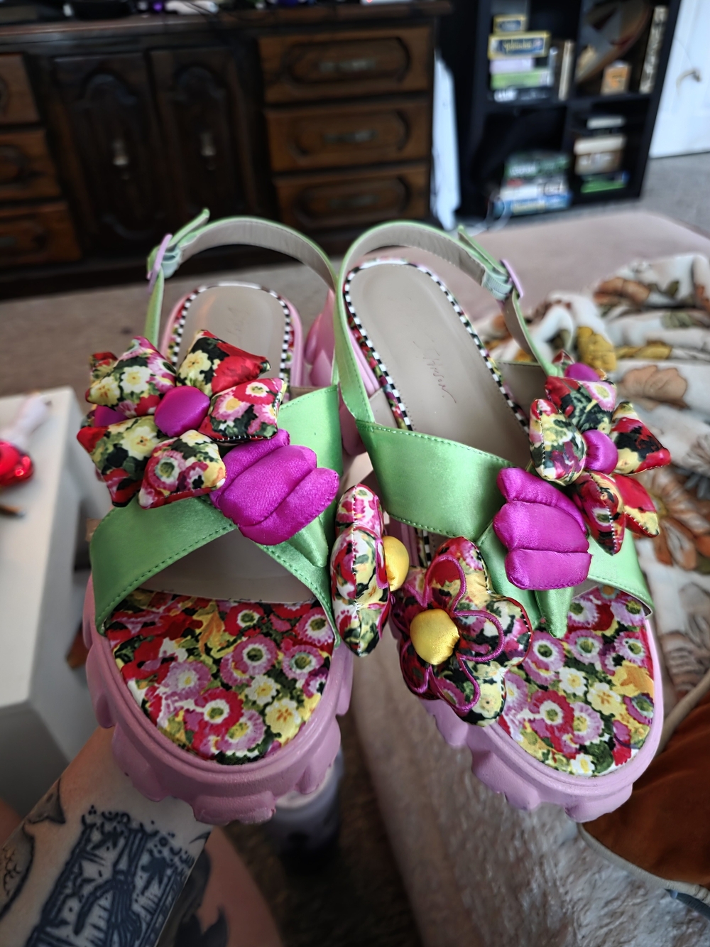 Betsey Johnson Green Satin & Pink Floral Platform Sandals